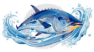 World Tuna Day. May 2. Ocean Day June 8. Tuna on a wave in flat style on a white background.