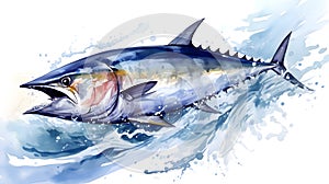 World Tuna Day. May 2. Ocean Day June 8. Tuna on a wave in watercolor styleon a white background.World Tuna Day. May 2. Ocean Day.