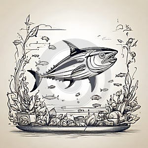 World tuna day May 2. Ocean Day June 8. Vector line art of sea tuna for banner, poster with copy space. Tuna can label