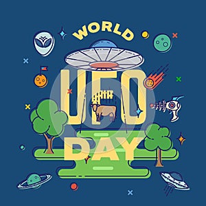 World UFO Day Abstract Vector Greeting Card Label Template. Alien Spaceship Cow Abduction Flat Graphics Illustration