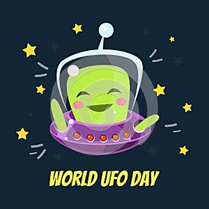 World UFO Day Banner Template with Cute Funny Alien in Spaceship Vector Illustration