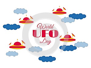 World UFO Day. Paper clouds and flying saucer UFO in the clouds. Flying saucer. UFO icon vector