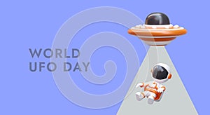 World UFO Day. Realistic flying disc with abduction beam, astronaut