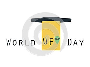 World UFO Day, UFO with beam, alien abductions. Flying saucer. UFO icon