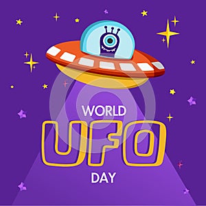 World Ufo Day. Vector illustration of a ufo plane, a flying saucer, with an alien on board. You can apply it to a poster template