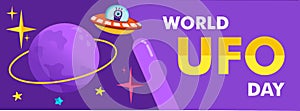 World Ufo Day. Vector illustration of a ufo plane, a flying saucer, with the planet Saturn and humanoids. You can apply it to a