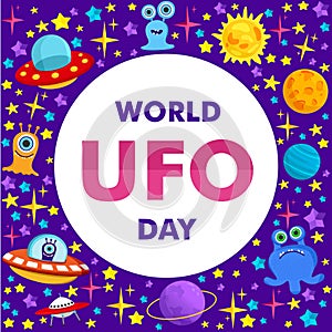 World Ufo Day. Vector illustration of a ufo plane, a flying saucer, with the planet Saturn and humanoids. You can apply it to a