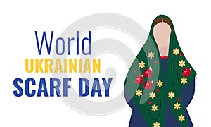 World Ukrainian Scarf Day. Horizontal poster on a white background. Silhouette of a girl in a headscarf