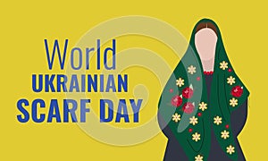 World Ukrainian Scarf Day. Horizontal poster on a yellow background. Silhouette of a girl in a headscarf
