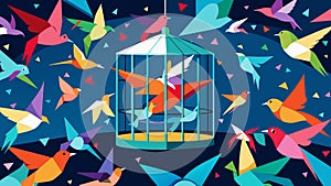 A World Unbound A largescale installation featuring hundreds of colorful origami birds flying out of a cage representing