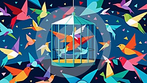 A World Unbound A largescale installation featuring hundreds of colorful origami birds flying out of a cage representing photo
