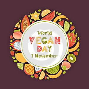 World vegan day. Banner in cartoon style. A wreath of fresh tropical exotic fruits, harvesting. Fresh lemon, lime wedges