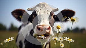 World Vegan Day 1 November. Happy Cow chewing grass on the green lawn, Love animals, eat vegetable not meat for healthy life