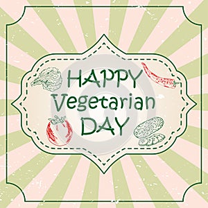 World vegetarian day concept with hand drawn vegetables and lettering typography with burst on a retro textured