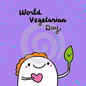 World vegetarian day hand drawn vector illustration in cartoon comic style man holding green leaf