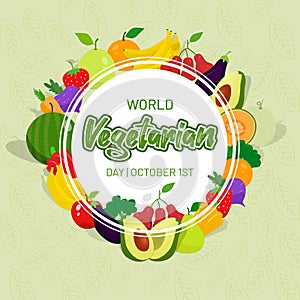World Vegetarian Day October 1st fruits vegetables illustration on leaves pattern background