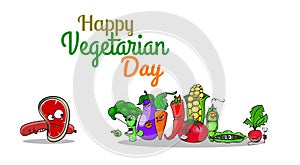 World Vegetarian Day Poster with cartoon characters. Vegetables versus meat. Angry pursuers hunt tearful steak