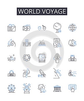 World voyage line icons collection. Global journey, Universal exploration, Earth adventure, Planet excursion