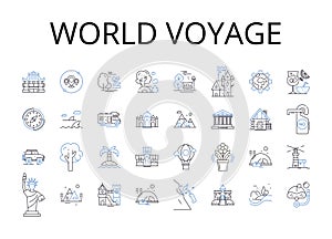 World voyage line icons collection. Global journey, Universal exploration, Earth adventure, Planet excursion