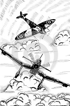 World War 2 vintage aircraft digital drawing.