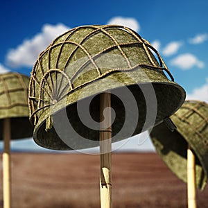 World War II helmets against blue sky. 3D illustration