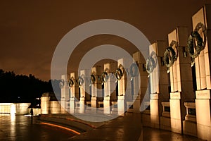 World War II memorial at night