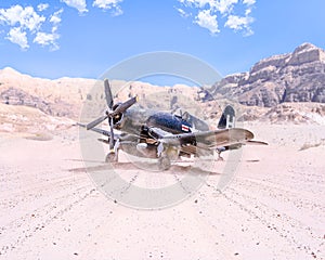 World war II military airplane taking off in the desert