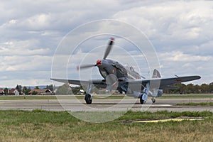 World War II Soviet fighter Yakovlev Yak-3 on runway at the CIAF - Czech international air fest on September 5, 2015 in Hradec