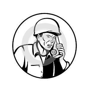 World War Two American Soldier Talking Walkie-Talkie Radio Communication Retro Black and White