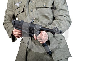 World war two German soldier with machine gun MP 40, close-up