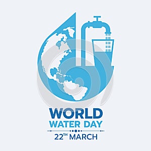 World water day banner - faucet or water tap with a drop of water to glass on drop world sign vector design