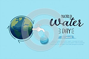 World Water Day. Blue earth globe with the tap (faucet) and water drops with a Recycling symbol.Sustainable