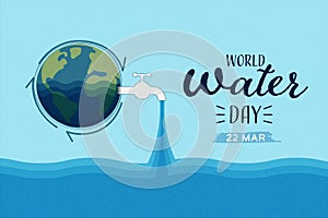 World Water Day. Blue earth globe with the tap (faucet) and water drops with a Recycling symbol. Sustainable