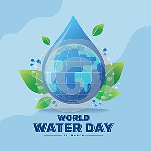 World water day - circle globe world in drops water sign with green leafs and drop water around on soft blue background vector