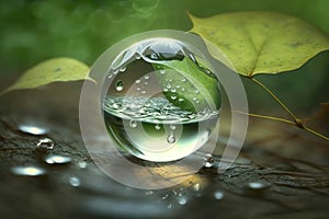 World water day concept. Water drop in nature green leaves background. Generative AI