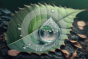 World water day concept. Water drop in nature green leaves background. Generative AI