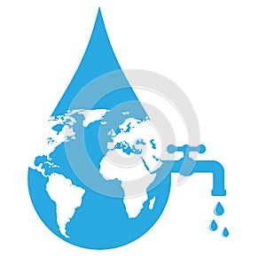 World water day concept. Water drop and world map