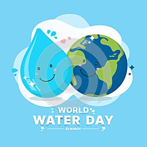 World water day - Cute drop water charecter and world charecter live close together on blue background vector design