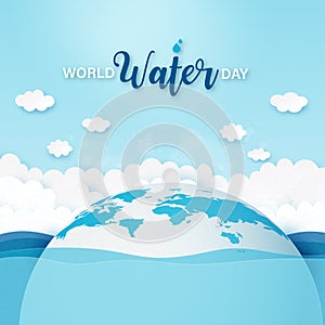 World water day.Earth in water.Paper art of save water for ecology and environment conservation concept design.Vector illustration