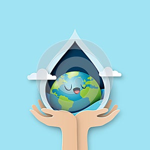 World water day.Hand holding earth in water drop.Paper art of save water for ecology and environment conservation concept design