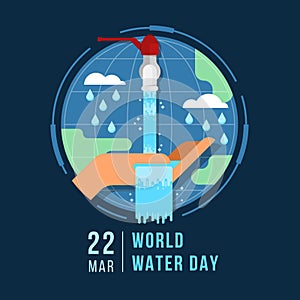 World water day hands hold water fall from tap on circle world globle and rain on dark blue background , modern flat style vector