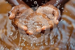 world water day . little African girl drinking water from hands. ai generated