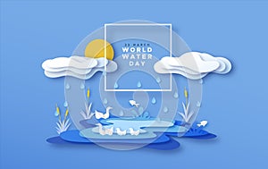 World water day papercut lake landscape concept