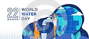 World water day - People are collecting water that flows from the faucet on the earth vector design photo
