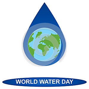 World water day poster. Earth in clear water drop. World water day concept with water drop made by globe. Vector illustration