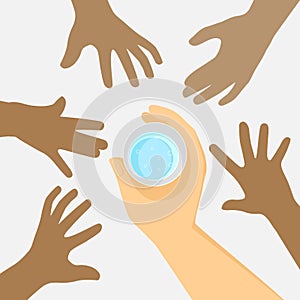 World water day save water save life for Africa children. Hand holding glass with water. vector instillation background