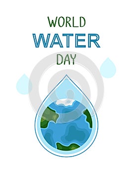 World Water Day vector banner. Planet Earth in the blue drop and text on white background