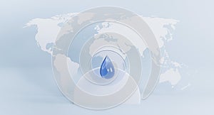 World water day. Water drop on world map. Save water for ecology and environment conservation concept design. 3d rendering