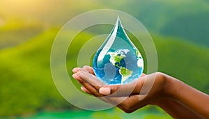 World Water Day. Woman holding icon of drop with Earth image inside on blurred green background