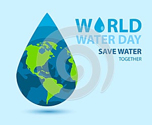 World water poster with the Earth inside water drop on blue background. Vector illustration design
